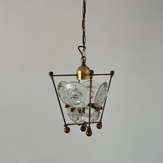 Image 1 of Vintage hanglamp van messing en glas, Zweden 1960