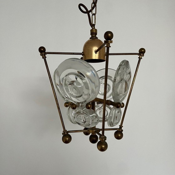 Image 1 of Vintage hanglamp van messing en glas, Zweden 1960