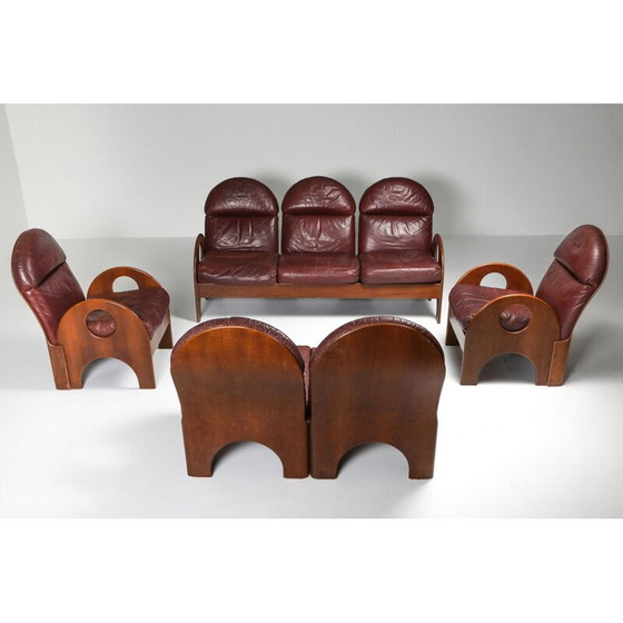 Image 1 of Vintage Gae Aulenti 'Arcata' Love Seat in walnoot en bordeauxrood leer 1968