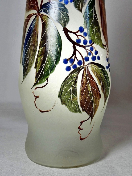 Image 1 of Art Nouveau Vaas Wijnstok Maagd Leune Geëmailleerd Glas 1861-1930