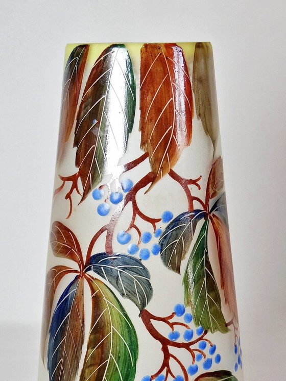 Image 1 of Art Nouveau Vaas Wijnstok Maagd Leune Geëmailleerd Glas 1861-1930