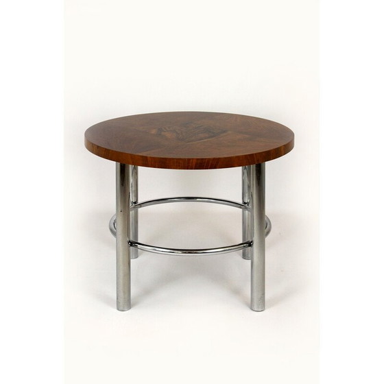 Image 1 of Vintage Bauhaus walnoot en chromen ronde tafel door Robert Slezak, jaren 1930
