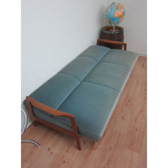 Image 1 of Vintage daybed in teakhout en blauw fluweel