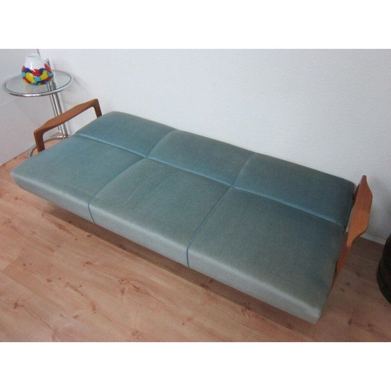 Image 1 of Vintage daybed in teakhout en blauw fluweel