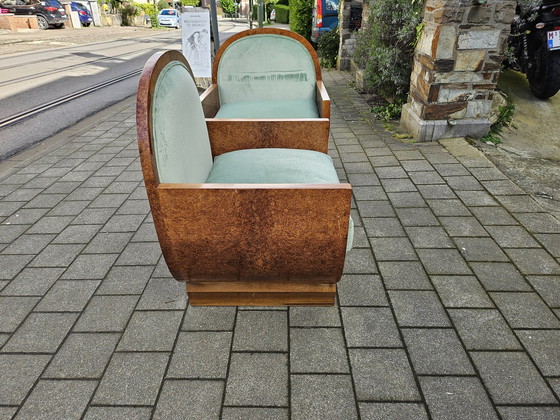 Image 1 of Twee Art-Deco Amboyna en Walnoot Fauteuils Bekleed met Groen Fluweel