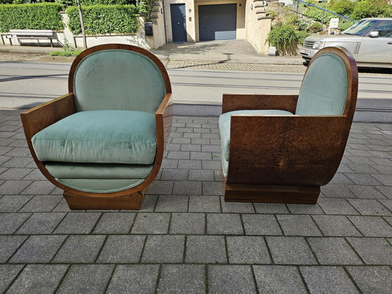 Image 1 of Twee Art-Deco Amboyna en Walnoot Fauteuils Bekleed met Groen Fluweel