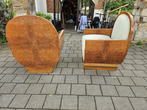 Twee Art-Deco Amboyna en Walnoot Fauteuils Bekleed met Groen Fluweel