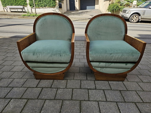 Twee Art-Deco Amboyna en Walnoot Fauteuils Bekleed met Groen Fluweel