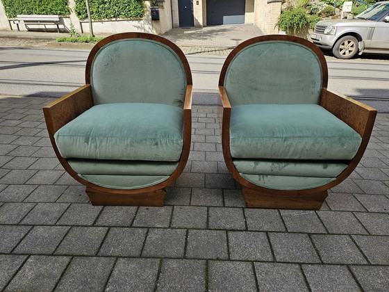 Image 1 of Twee Art-Deco Amboyna en Walnoot Fauteuils Bekleed met Groen Fluweel