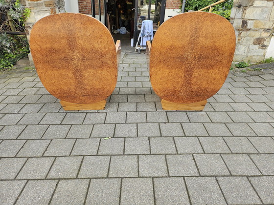 Image 1 of Twee Art-Deco Amboyna en Walnoot Fauteuils Bekleed met Groen Fluweel