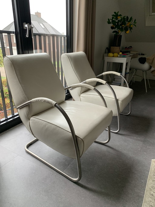 2 Crème Witte Lederen Jess Design Fauteuils