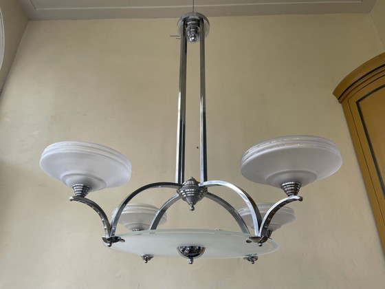 Image 1 of Grote Art Deco 1930 Lamp Hanglamp 4 Arms Verchroomd