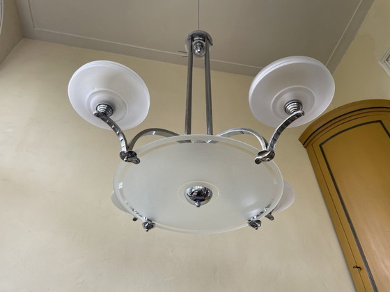 Image 1 of Grote Art Deco 1930 Lamp Hanglamp 4 Arms Verchroomd