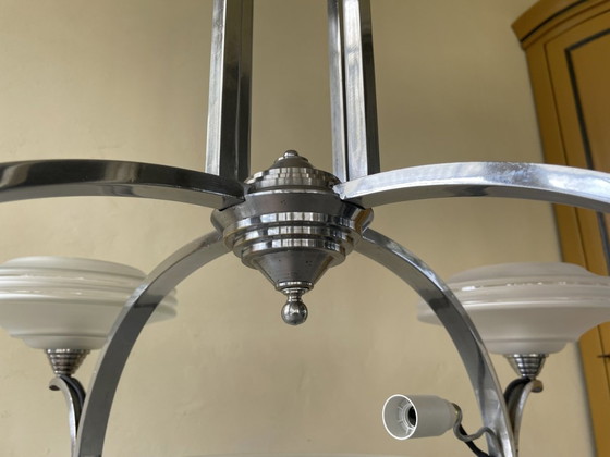 Image 1 of Grote Art Deco 1930 Lamp Hanglamp 4 Arms Verchroomd