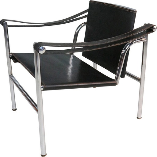 Vintage model LC1 fauteuil in chroomstaal en zwart leer voor Cassina, Italië 1970