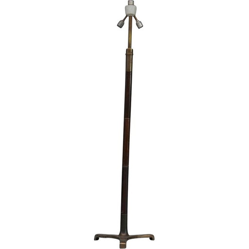 Vintage vloerlamp van hout en messing, Frankrijk 1950