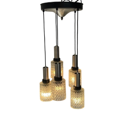 Vintage 60's hanglamp - Cascade - Inclusief bijpassende baldakijn - Vijf kristallen glazen lampen die verstelbaar zijn