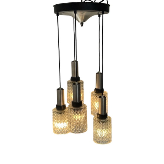 Image 1 of Vintage 60's hanglamp - Cascade - Inclusief bijpassende baldakijn - Vijf kristallen glazen lampen die verstelbaar zijn