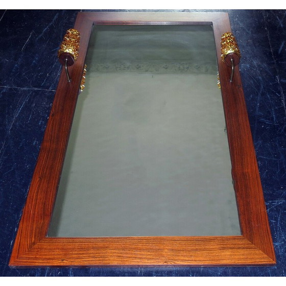 Image 1 of Vintage rozenhouten wandspiegel met amberkleurige verlichting, Denemarken 1960