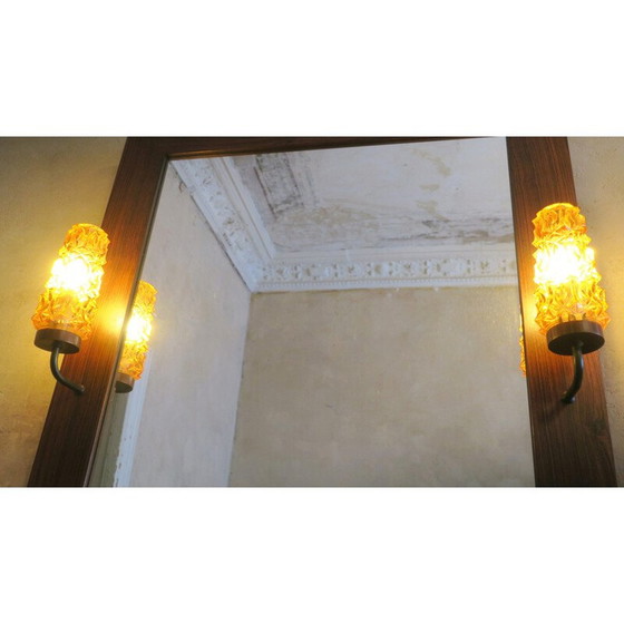 Image 1 of Vintage rozenhouten wandspiegel met amberkleurige verlichting, Denemarken 1960