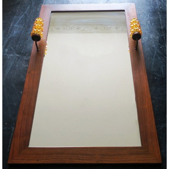 Image 1 of Vintage rozenhouten wandspiegel met amberkleurige verlichting, Denemarken 1960