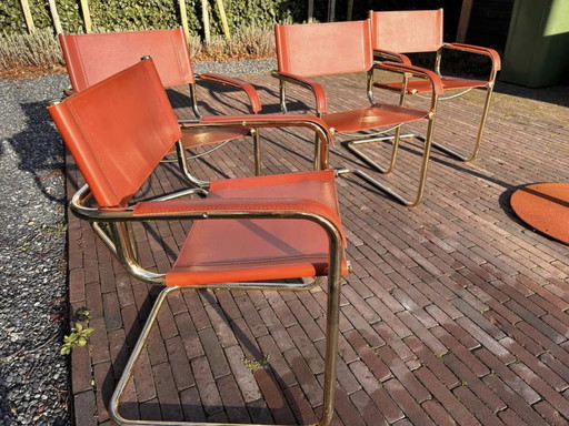 Set van 4 Leren en Koperen Slede Eetkamerstoelen