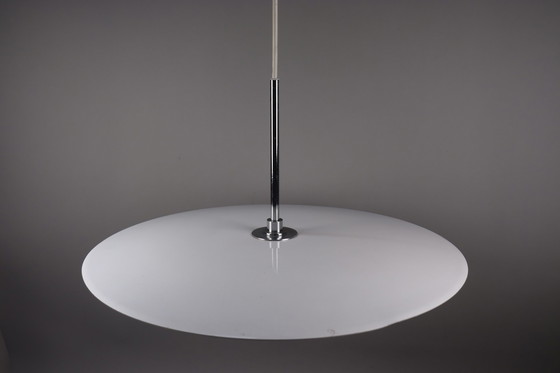 Image 1 of Hanglamp wit metaal en roestvrij staal D 50 cm 1960 Zweden