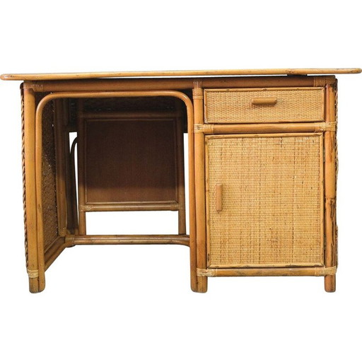 Vintage bamboe, rotan en teak bureau, Italiaans 1960