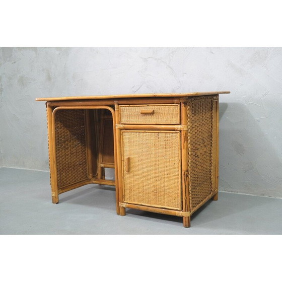 Image 1 of Vintage bamboe, rotan en teak bureau, Italiaans 1960