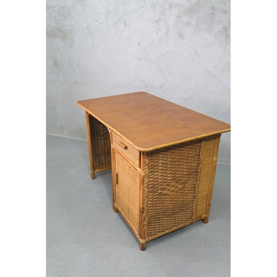 Image 1 of Vintage bamboe, rotan en teak bureau, Italiaans 1960