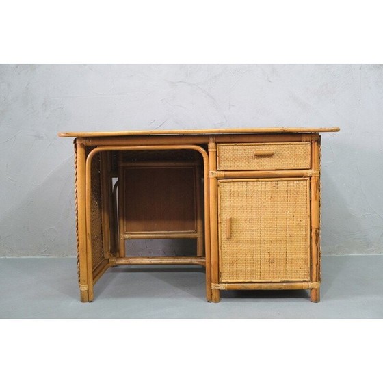 Image 1 of Vintage bamboe, rotan en teak bureau, Italiaans 1960