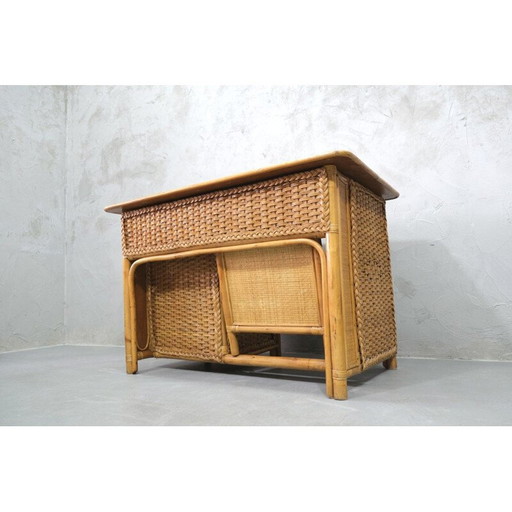 Vintage bamboe, rotan en teak bureau, Italiaans 1960