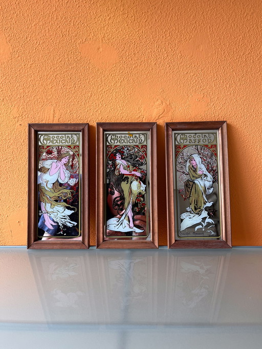 Drie zeldzame vintage spiegels Alphonse Mucha