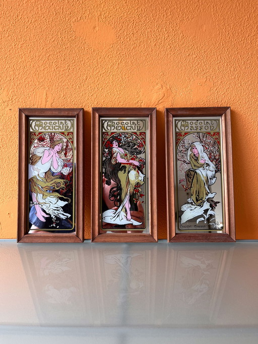 Drie zeldzame vintage spiegels Alphonse Mucha