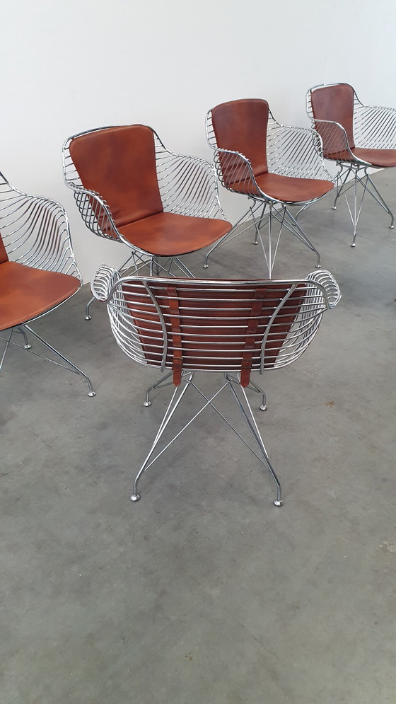 Image 1 of 6 Design Wire Chairs Chroom Met Cognac Seat Pads