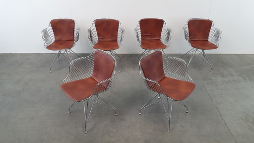 6 Design Wire Chairs Chroom Met Cognac Seat Pads