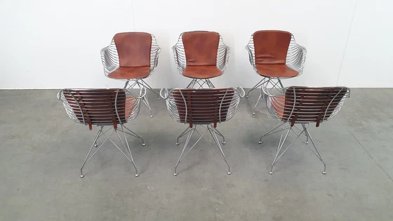 Image 1 of 6 Design Wire Chairs Chroom Met Cognac Seat Pads