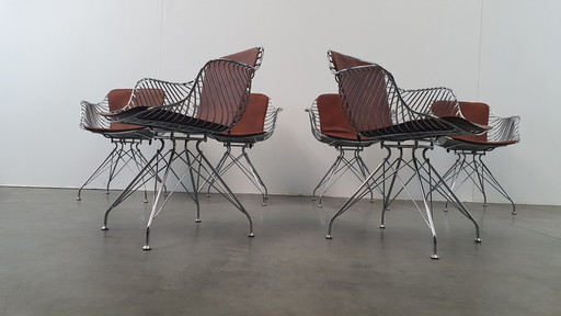 6 Design Wire Chairs Chroom Met Cognac Seat Pads