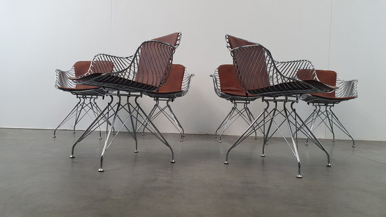 Image 1 of 6 Design Wire Chairs Chroom Met Cognac Seat Pads