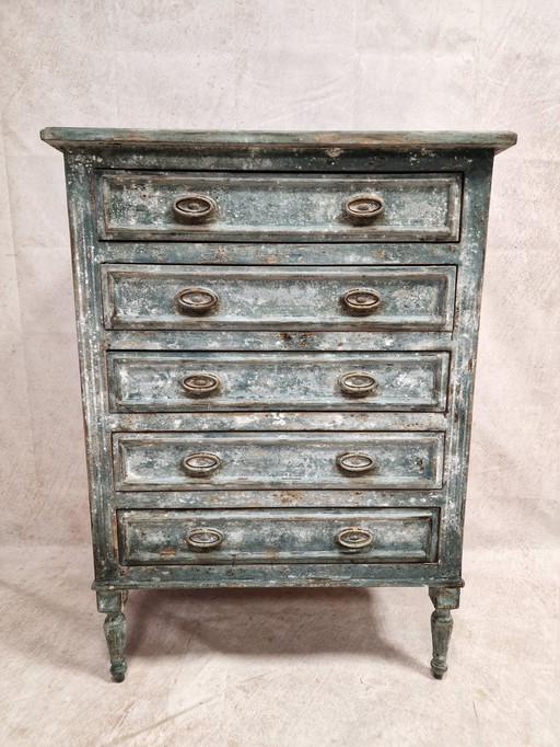 Klein antiek gepatineerd ladekastje van Semainier