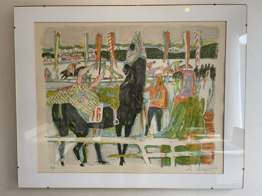 Alois Carigiet Lithografie 'Pferderennen' 1964