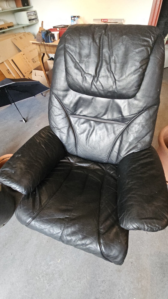 Image 1 of Deense Vintage Relax Draaifauteuil Zwart Leer