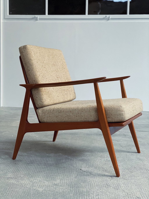 Teak houten bouclé fauteuil Schnittger meubel uit de jaren 1960