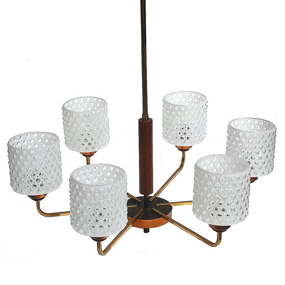 Image 1 of Mid Century Scandinavische kroonluchter van messing, koper, teakhout en glas, jaren 1960