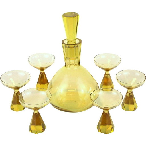 Karaf en 6 vintage art deco glazen van Val Saint Lambert, 1930