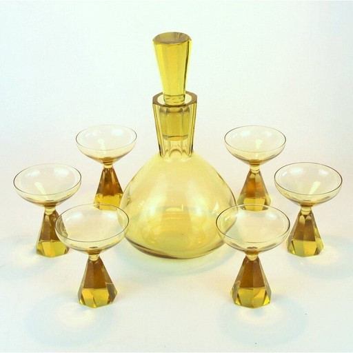 Karaf en 6 vintage art deco glazen van Val Saint Lambert, 1930