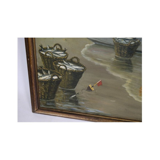 Image 1 of Vintage olieverfschilderij twee vissers met een boot en de zee, 1915-1929