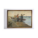 Vintage olieverfschilderij twee vissers met een boot en de zee, 1915-1929