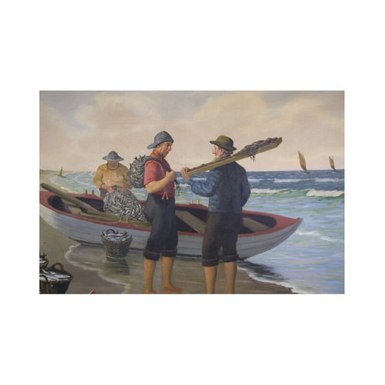 Image 1 of Vintage olieverfschilderij twee vissers met een boot en de zee, 1915-1929