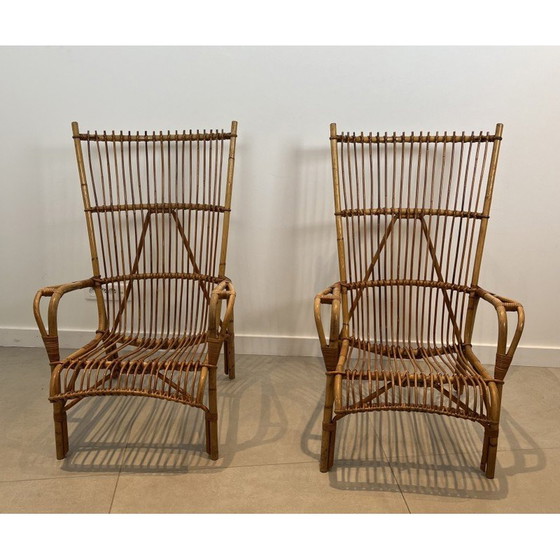 Image 1 of Paar hoge vintage rotan fauteuils, Frankrijk 1950